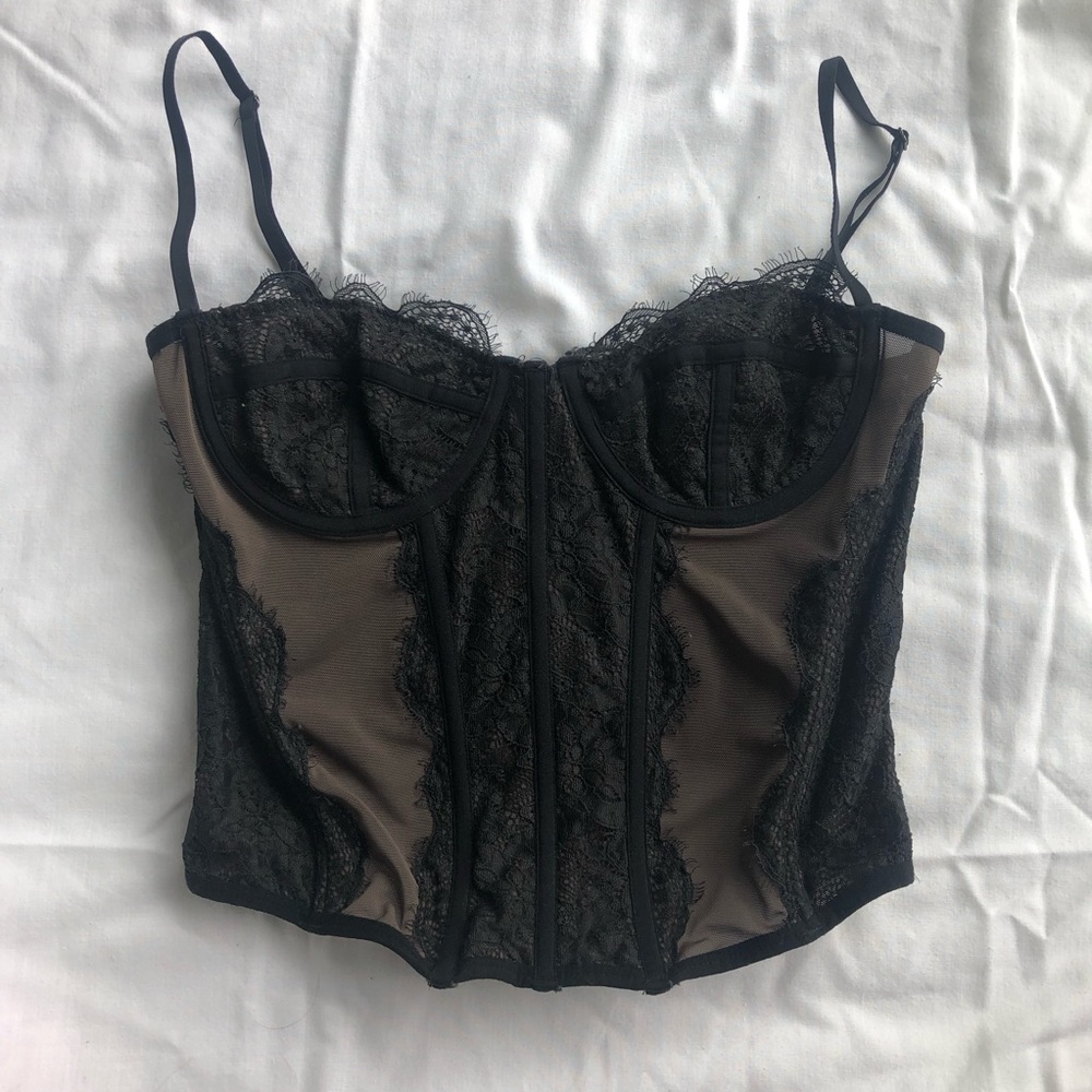 Urban Outfitters Brown and Black Lace Corset Bustier Top